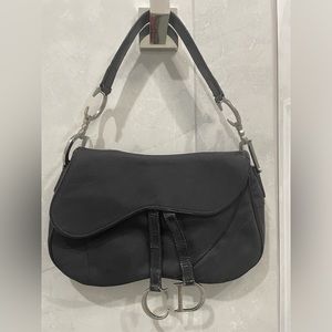 CHRISTIAN DIOR BLACK SADDLE CANVAS BAG WITH A STRAP W 11” x H6.5” x D3”